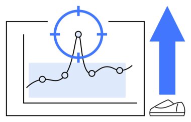 Hedef sembollü çizgi grafiği yukarı doğru ok ve ayakkabı simgesi. Ticari büyüme, analitik, hedef belirleme, performans izleme, eğilimler gözlem ve başarı ölçümü için ideal