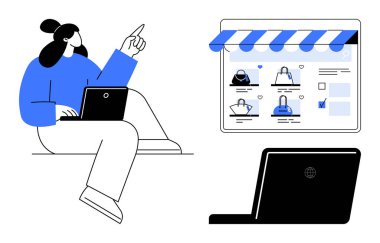 Bilgisayarda alışveriş arayüzü olan ve çeşitli çantalar sergileyen bir kadın. E-ticaret, çevrimiçi alışveriş, perakende sektörü, dijital pazarlama, müşteri ilişkileri, web sitesi tasarımı için ideal