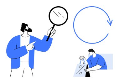 Elinde okla çemberi gösteren bir büyüteç tutan kişi, alışveriş torbası alan kişi. İş analizi, araştırma, tüketici davranışı, çevrimiçi alışveriş, pazarlama için ideal