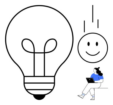 Dizüstü bilgisayarlı bir kadın, büyük bir ampul ve mutlu bir yüzle sembolize edilen yeni fikirleri düşünüyor. Yaratıcılık, yenilik, beyin fırtınası, düşünme süreci, iş-yaşam dengesi, mutluluk için ideal