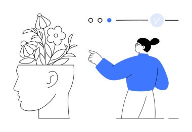 Woman in blue sweater pointing at flowers growing from drawn head, representing ideas and creativity. Ideal for mental health, growth, innovation, education, personal development, mindfulness clipart