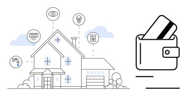 Akıllı özellikleri temsil eden modern ev, güvenlik, aydınlatma, havalandırma ve aletlerin yanı sıra kredi kartı olan bir cüzdanı da onaylıyor. Ev otomasyonu ve enerji tasarrufu için ideal