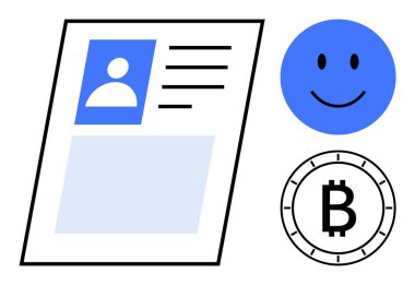 Resimli ve yazılı profil sayfası, mavi gülen yüz, Bitcoin sembolü. Sosyal medya, kullanıcı profilleri, çevrimiçi kimlik, dijital finans, kripto para birimi, grafik tasarımı, kullanıcı arayüzü için ideal. Çizgi