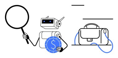 Robot elinde büyüteç ve bozuk para, evrak çantasının yanında duruyor. Finans teknolojisi, yatırım analizi, bankacılık, iş zekası, piyasa araştırması, fintech stratejisi, dijital