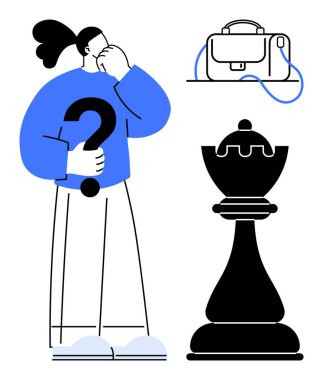 Bir soru işareti taşıyan şahıs, dev bir satranç taşı, evrak çantası. Kariyer kararları, stratejik düşünme, sorun çözme, iş stratejisi, karar verme, hedef belirleme, öz değerlendirme için ideal