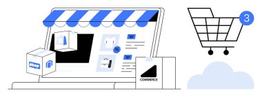 Laptop screen displaying an online store, shopping cart with three items, and delivery boxes. Ideal for eCommerce, online shopping, retail, digital sales, inventory management, delivery services clipart