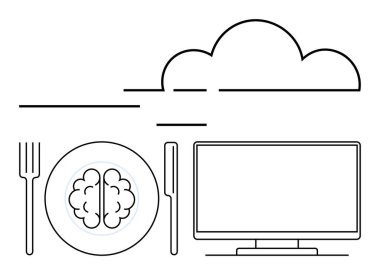 Plate with brain between fork and knife next to computer screen under cloud outline. Ideal for technology, cloud computing, digital transformation, innovation, thinking, online learning, futuristic clipart