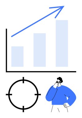 Yukarı doğru eğilim oklu çubuk grafik, hedef simge ve düşünceli bir kişi. İş stratejisi, planlama, büyüme, hedef belirleme, analitik performans değerlendirme karar verme süreci için idealdir. Satır metaforu