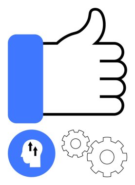 Baş parmaklar el ikonu, dişliler ve oklarla yukarı. Onaylama, motivasyon ve yenilikçi düşünce. İş için ideal, üretkenlik, başarı, yaratıcılık takım çalışması motivasyonu kişisel büyüme