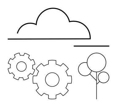 Siyah çizgi sanatında basitleştirilmiş bulut, vites ve ağaç sembolleri. Sürdürülebilirlik, endüstri, çevre teknolojisi, yenilik, çevre dostu çözümler, modern tasarım kavramları ve ekolojik tasarım için ideal