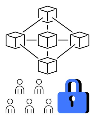 Diagram includes interconnected cubes lock, and stick-figure people. Ideal for blockchain tech, cybersecurity, networks, data integrity, decentralized systems, cryptography, user interaction. Line clipart