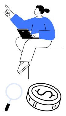 Dizüstü bilgisayarda çalışan ve yukarıyı gösteren bir kadın. Büyüteç ve para maddi keşifleri ve büyümeyi gösteriyor. Finans, iş geliştirme, başlangıç rehberliği ve finansal analiz için ideal