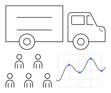 Kamyon grup insan simgeleri, ve veri noktaları ile çizgi grafiği. Lojistik, takım çalışması, dağıtım, ulaşım, veri analizi, iş operasyonları ve pazar eğilimleri için ideal. Satır metaforu