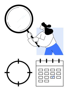 Dev büyüteç tutan kadın, işaretli takvim ve hedef kiti. Hedef belirleme, üretkenlik, zaman yönetimi, araştırma, strateji odaklama için ideal. Satır metaforu