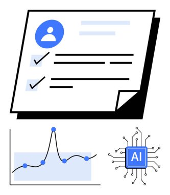 Veri noktaları olan kontrol işaretleri dinamik grafiği ve yapay zeka mikroçipi organizasyonel verimliliği vurguluyor. Teknoloji, büyüme, veri analizi, yönetim, yenilik ve bütünleşme için ideal. Çizgi