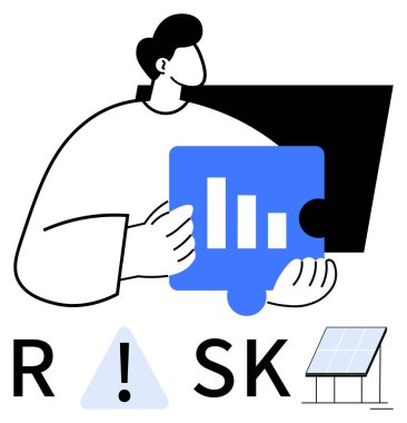 Business sperson, elinde bar çizelgesi olan bir yapboz parçası tutuyor. Ünlem işareti olan RISK 'e mesaj at. Güneş paneli temsilcisi. Mali analiz, risk yönetimi, yenilenebilir enerji ve iş stratejisi için ideal