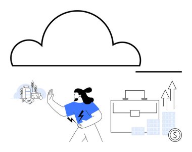 Koşan bir kadın, bulutlar, bozuk paralarla kumar konsolları, büyüyen oklarla dolu evrak çantası, bir dolar işareti olan yazı sütunları. Teknoloji, oyun, finans, iş iletişimi için ideal