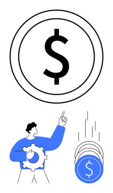 Büyük paralara işaret ederken mavi üniformalı adam. Bozuk paralar sağ tarafa düşüyor. Finans, yatırım, para birimi, ekonomi, tasarruf, bankacılık iş geliştirme için idealdir. Çizgi