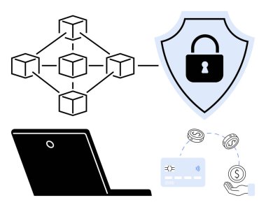 Siber güvenlik kalkanı, dizüstü bilgisayar ve dijital ödeme ikonlarına bağlı bir engelleme ağı. Güvenlik, engelleme zinciri, finans teknolojisi, çevrimiçi işlemler, veri koruması, dijital için ideal