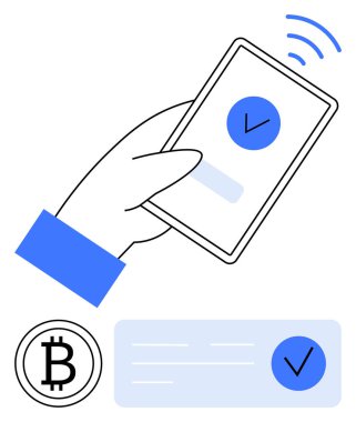 Elinde akıllı telefon, üzerinde Bitcoin logosu ve onay işareti olan işaretler var. Cep telefonu ödemeleri, kripto para işlemleri, finansal uygulamalar, fintech, dijital cüzdanlar için ideal