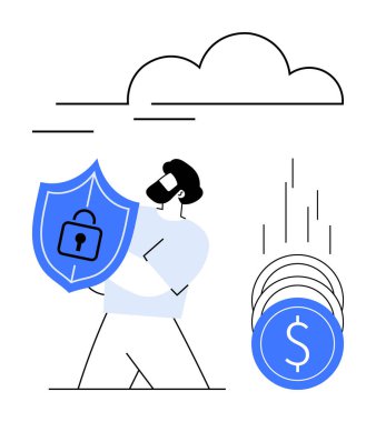 Adam elinde kilit sembolü olan bir kalkan tutuyor, paralar buluttan düşüyor. Siber güvenlik, finansal güvenlik, çevrimiçi koruma, veri gizliliği, bulut bilgisayarı, fintech ve yatırım güvenliği için ideal