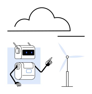Bulutun yanındaki rüzgar türbinine antenli robot. Teknoloji, yenilenebilir enerji, robot bilimi, iklim değişikliği, yapay zeka, gelecekçi kavramlar, çevresel farkındalık için idealdir. Satır metaforu