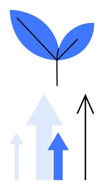 Mavi yaprak ve farklı boyutlarda ve gölgelerde birden fazla yukarı bakan ok. Ticari büyüme, ilerleme, kalkınma, çevresel sürdürülebilirlik, mali başarı, hedef belirleme için ideal