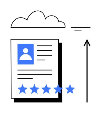 Profil resmi ile vurgulanan belge beş mavi yıldız oku ve bulut sembolü. Üretkenlik, başarı, kariyer gelişimi, verimlilik, puanlama, bulut teknolojisi, yükselen hareketlilik için ideal. Çizgi