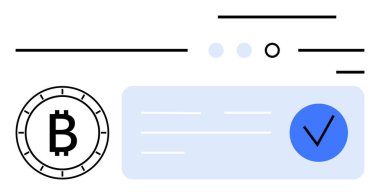 Bitcoin sembolü, kontrol işareti ve veri akışını, işlem onayını gösteren çizgiler. Fintech, kripto para birimi, dijital ödemeler, engelleme teknolojisi, çevrimiçi güvenlik elektronik finansmanı için ideal