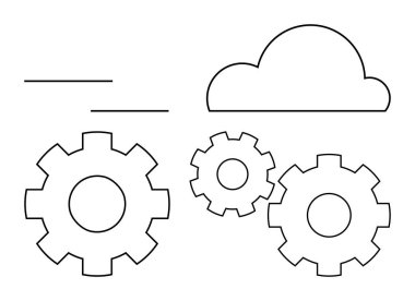 Birbirine bağlı üç dişlinin üzerinde bulut şekli ve iki yatay çizgi hareketi simgeliyor. Teknoloji, bulut hesaplama, süreç optimizasyonu, iş otomasyonu, iş akışı yönetimi için ideal