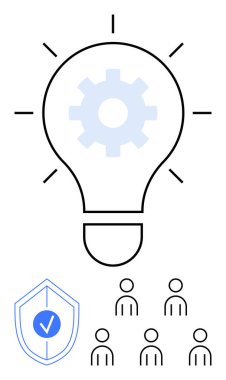 Vites kalkanlı, işaretli ampul ve insan sembolleri. Yenilik, takım çalışması, koruma, işbirliği, yaratıcılık, güvenlik ve toplum temaları için idealdir. Satır metaforu