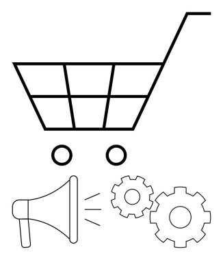 Tekerlekli alışveriş arabası, ses dalgalı megafon ve birbirine kenetlenmiş iki vites. E-ticaret, dijital pazarlama, otomasyon, iş stratejisi, çevrimiçi perakende, müşteri ilişkileri için ideal