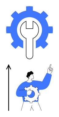 Gear and wrench represent engineering, innovation, and problem-solving. Person points upwards indicating growth and progress. Ideal for technology, development, efficiency, teamwork, strategy clipart