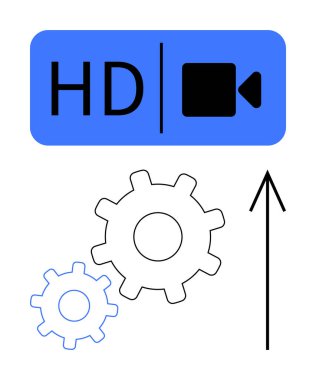 Birbirine kenetlenmiş iki dişli ve yukarı doğru ok üzerinde HD video simgesi. Medya kalitesi, teknolojik gelişmeler, üretkenlik, yenilik, mekanik süreçler, mühendislik, büyüme için ideal. Satır metaforu