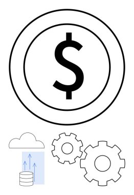 Çemberde dolar işareti, iki vites, oklu bulut veritabanı. Finans, teknoloji, bankacılık, bulut hesaplama, veri yönetimi dijital altyapı işletmeleri için idealdir. Satır metaforu