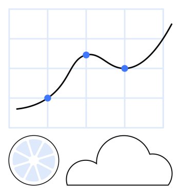 Izgarada üç mavi veri noktası, mavi pasta çizelgesi ve bulut şekilli siyah yukarı doğru eğilim çizgisi. Veri analizi, iş büyümesi, istatistik, mali tahmin, piyasa araştırması için ideal