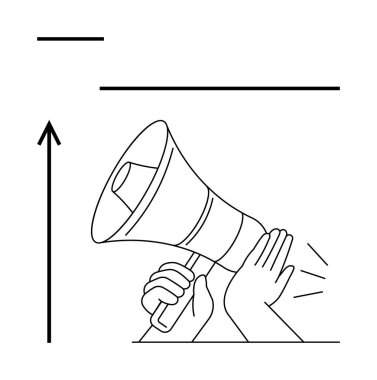Eller yukarı bakan bir megafon okunu tutuyor. İletişim, güçlendirme, büyüme, liderlik, savunma, ilerleme, değişim çizgisi metaforu için ideal