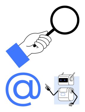 Büyüteç e-posta sembolü, robot. Teknoloji, iletişim, yapay zeka, internet, araştırma, dijital etkileşim ve yenilik temaları için idealdir. Satır metaforu