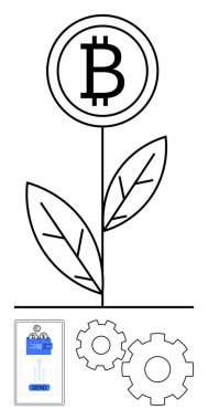 Bitcoin sembolü fabrikada, iki vites ve şifreli para transferi gösteren bir telefon. Engelleme teknolojisi, kripto para birimi, fintech, dijital finans, yatırım büyümesi, yenilikçi mobil için ideal