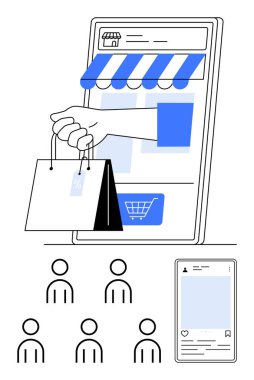 Dijital mağaza önü akıllı telefon alışveriş çantaları, sosyal medya paylaşımı, kullanıcı simgeleri. E-ticaret için ideal, çevrimiçi alışveriş, dijital pazarlama, müşteri ilişkileri, mobil ticaret, sosyal medya. Çizgi