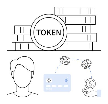 User profile, credit card, floating coins, and a hand illustrate digital currency and transactions. Ideal for fintech, cryptocurrency, digital payments, user authentication, e-commerce banking clipart