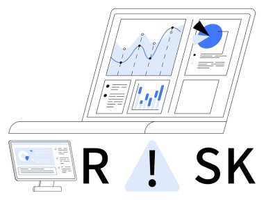 Laptop ekran çizgi grafikleri, pasta grafiği ve diğer veri görselleştirmeleri içerir. Daha küçük monitör verilerle raporu gösterir. Risk yönetimi, iş analizleri, mali analiz ve raporlar için ideal