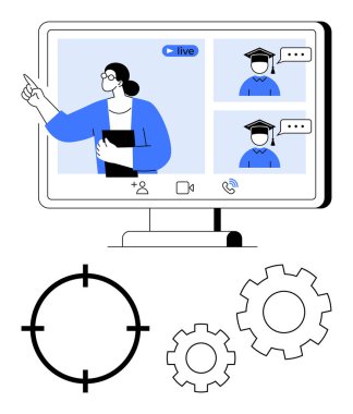 Sanal öğretmen, monitörde canlı yayında görüntülenen bir çağrı için iki öğrenciyi işaret ederken, dişliler ve hedef grafikler eşliğinde. Uzaktan öğrenme, ağlar, çevrimiçi eğitim ve sanal eğitim için ideal