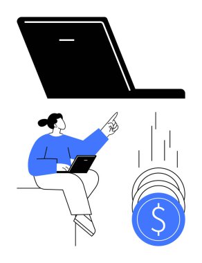Madeni para simgelerini gösteren bir dizüstü bilgisayar kullanan kişi. Finansal teknoloji, çevrimiçi ticaret, dijital finans, e-ticaret, uzaktan çalışma, çevrimiçi eğitim ve girişimcilik için ideal. Satır metaforu