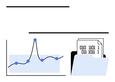 Mavi noktalı çizgi grafiği, ikili kodlu belgeler içeren klasör. Teknoloji, veri analizi, bilgi depolama, programlama, istatistik, dijital görselleştirme, fütüristik