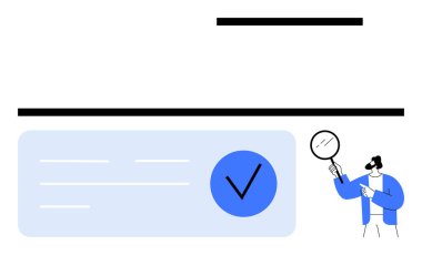 Doğrulama için büyük onay işaretli büyüteç kullanarak belge inceleyen bir adam. Kalite kontrol, uyum, denetim, araştırma, belge incelemesi, analiz, doğrulama için ideal. Satır metaforu