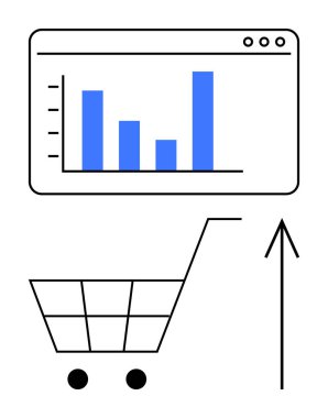 İnternetteki bir çubuk grafik, v10 tarayıcısı artan satış alışveriş arabalarını ve yükselen oklar e-ticaret büyümesini gösteriyor. Ticari büyüme, e-ticaret, satış analizi ve pazarlama stratejileri için ideal
