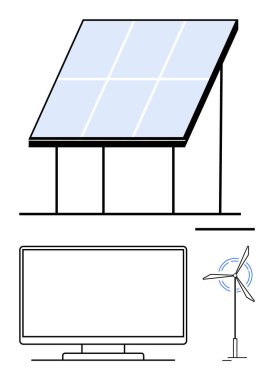 Destek kutupları, rüzgar türbini ve bilgisayar monitörlü güneş paneli. Yenilenebilir enerji kavramları, yeşil teknoloji, çevre dostu güç, sürdürülebilirlik, çevresel koruma, enerji