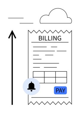 Bildirim zili, bulut simgesi ve ödeme düğmesiyle fatura makbuzu. Dijital işlemler için ideal, çevrimiçi ödeme çözümleri, mali teknoloji, verimli fatura depolama, dijital