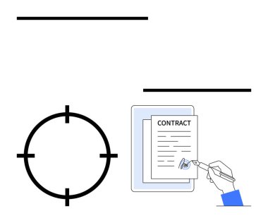 Hand signing contract on tablet, target icon, representing focus and precision in business agreements. Ideal for legal services, business applications, partnership deals, negotiations, digital clipart